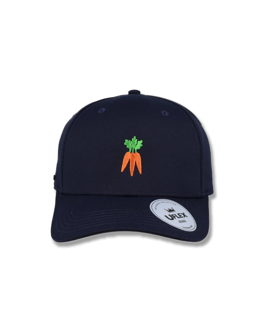 Navy blue cap with carrot design on a white background