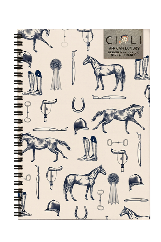 Notebook with horse and equestrian pattern on beige background, featuring Cieli branding.