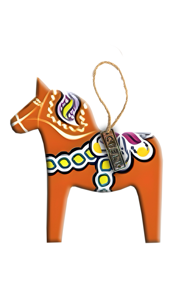 Decorative horse ornament with colorful patterns on a white background