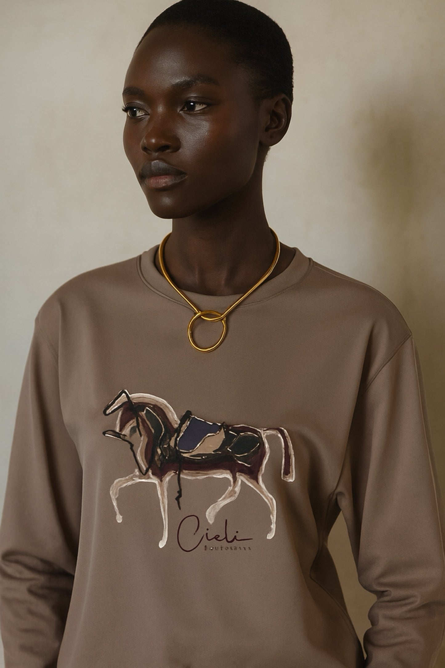 Person wearing a brown sweatshirt with a horse graphic and 'Cieli' branding.