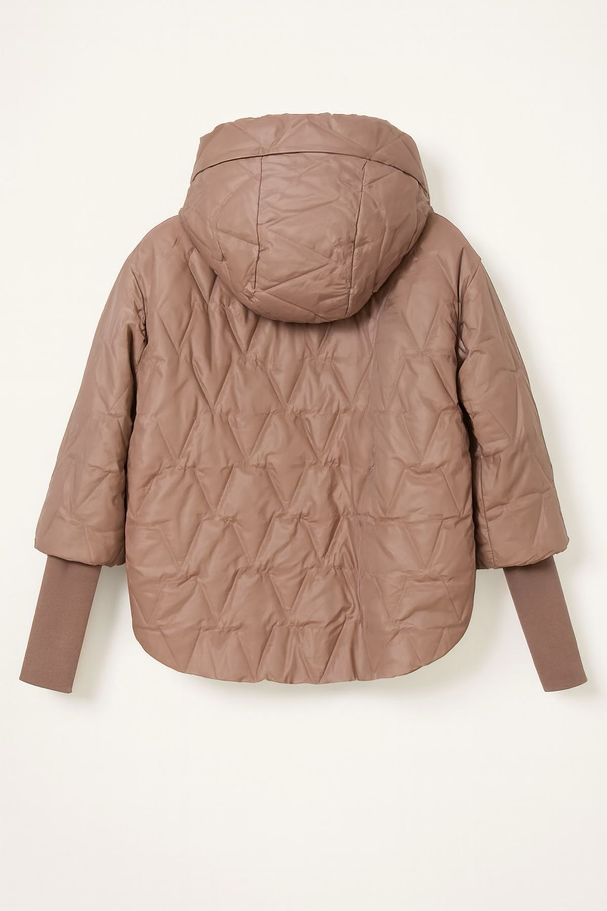 Quilted brown jacket with a hood on a white background