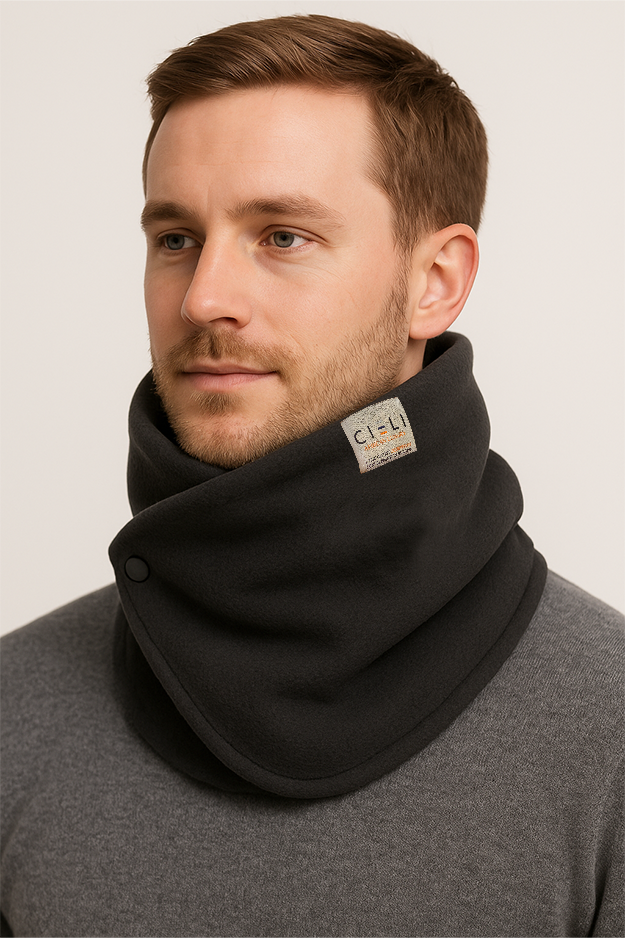 Man wearing a dark grey neck warmer with a visible brand logo on a plain background