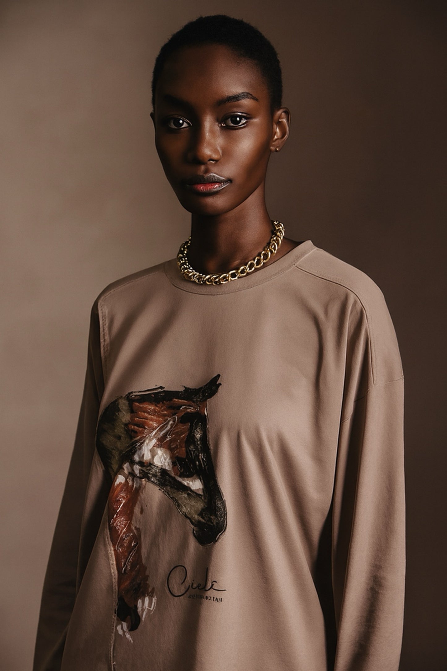 Model wearing a beige long-sleeve top with a graphic design on a brown background