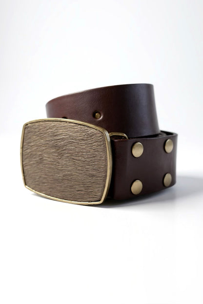 Brown leather belt with a gold buckle on a white background