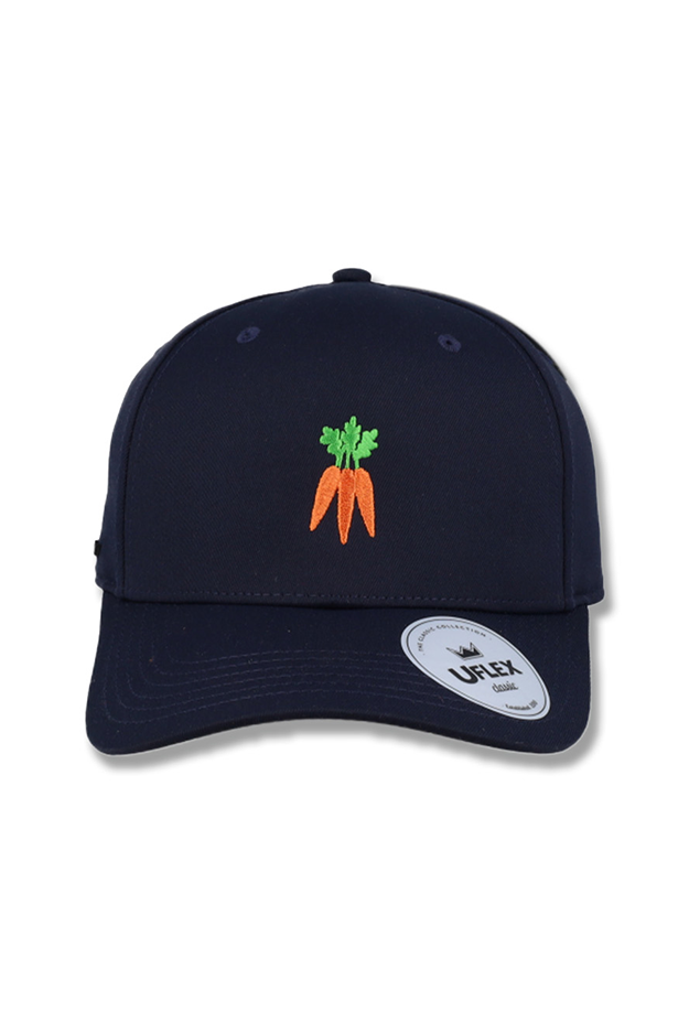 Navy blue cap with embroidered carrot design on a white background