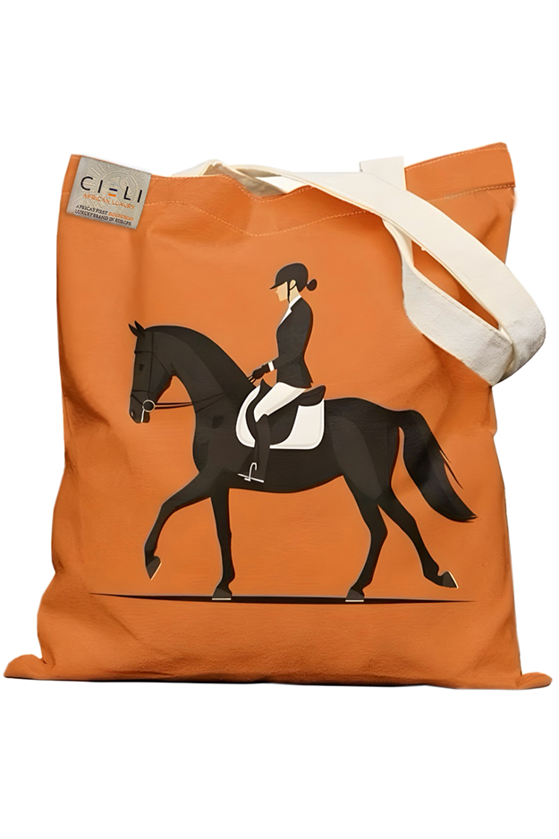 Orange tote bag with equestrian design on a white background