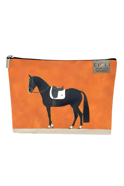 Orange pouch with a horse design and a visible brand label on a white background