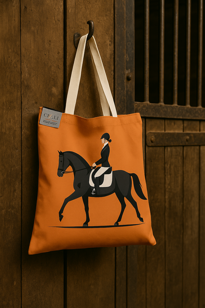Orange tote bag with equestrian design hanging on a wooden door