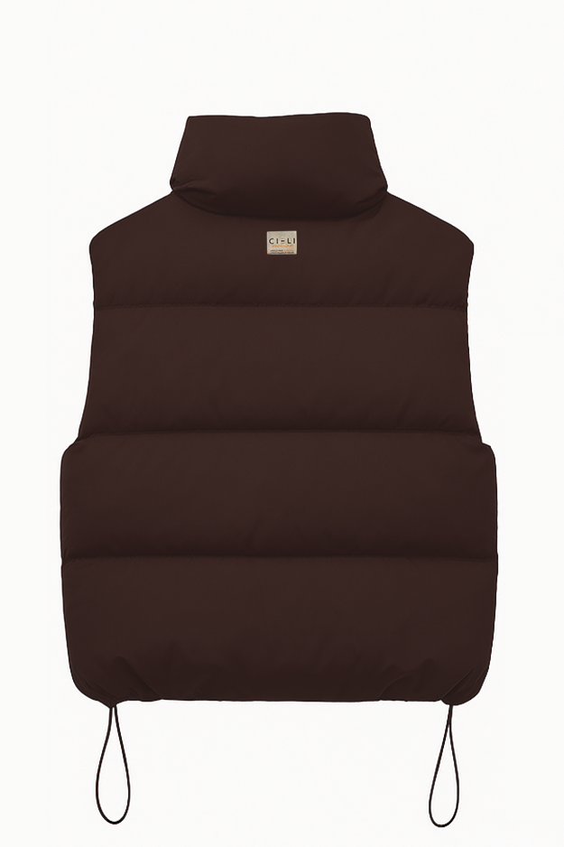 Brown puffer vest with drawstrings on a white background