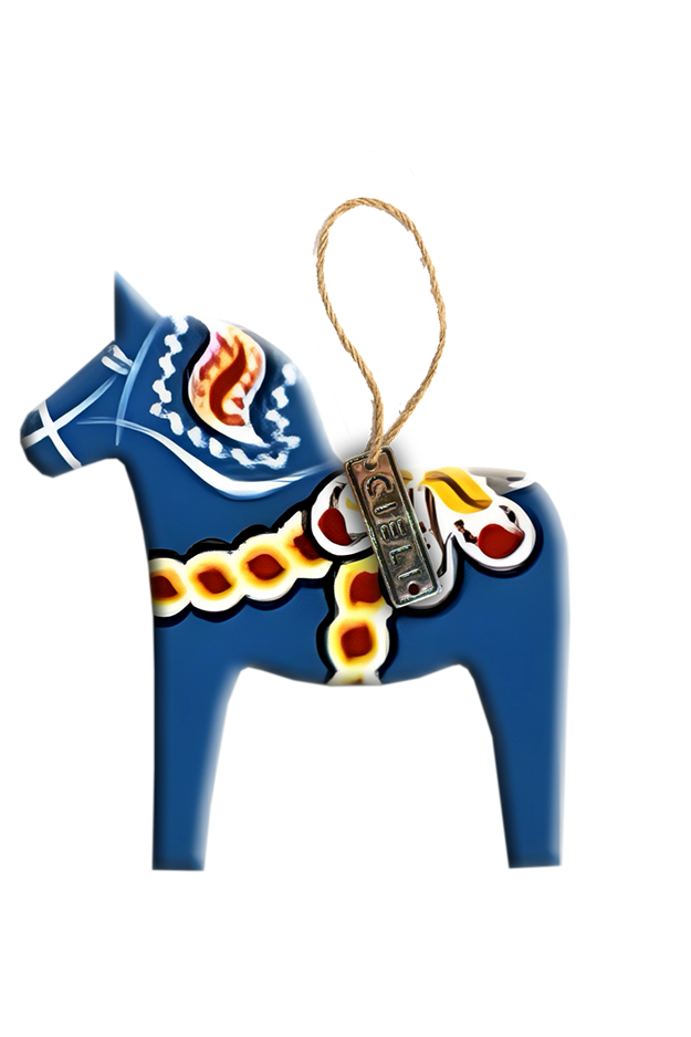 Decorative horse ornament with blue body, colorful patterns, and a hanging string on a white background.
