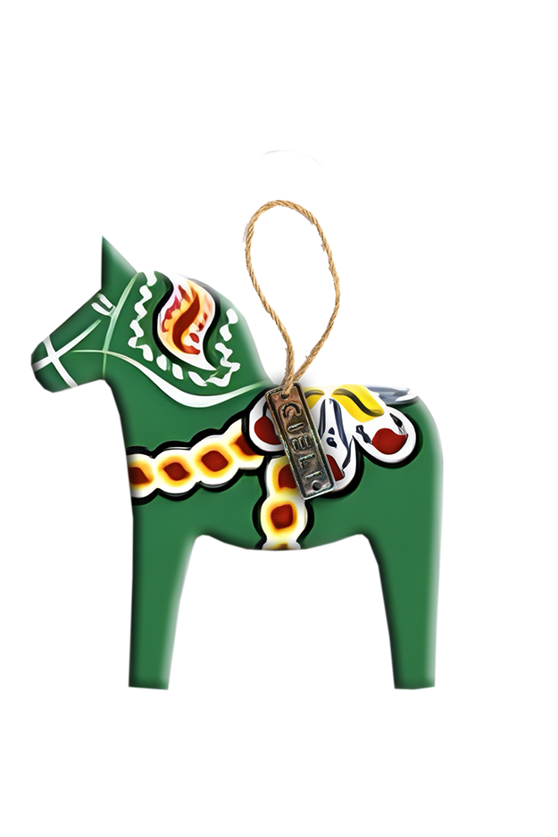 Decorative green horse ornament with colorful patterns on a white background