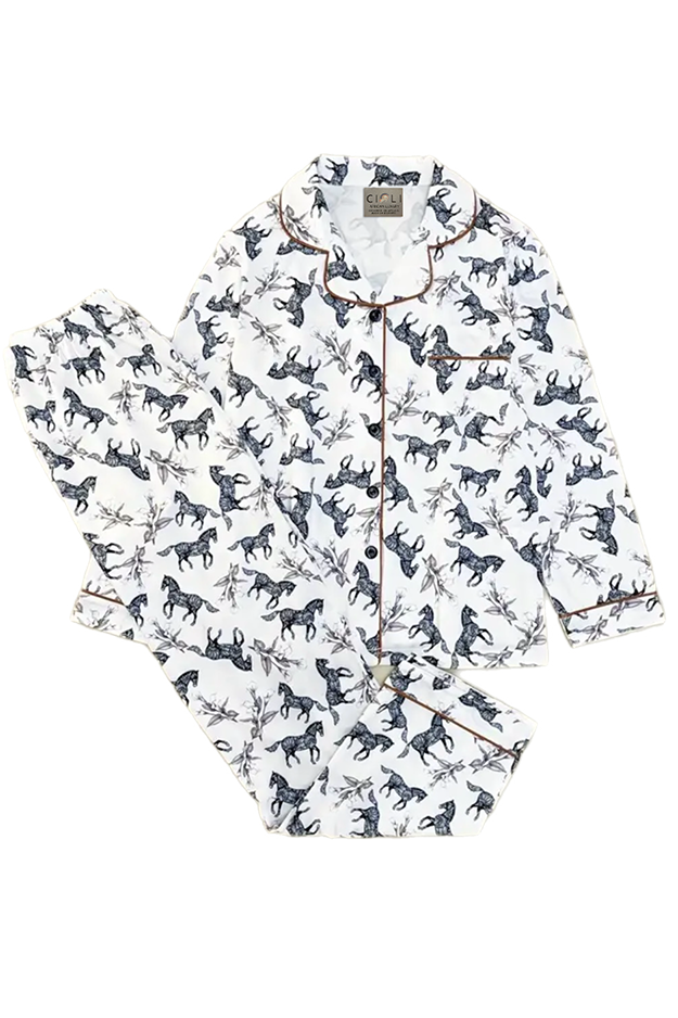 White pyjamas with horse animal pattern on a white background