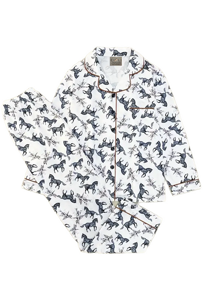 White pyjamas with horse animal pattern on a white background