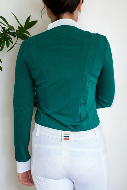 Ladies Cieli Equestrian riding long sleeve show shirt in green with white bib and magnetic closure.