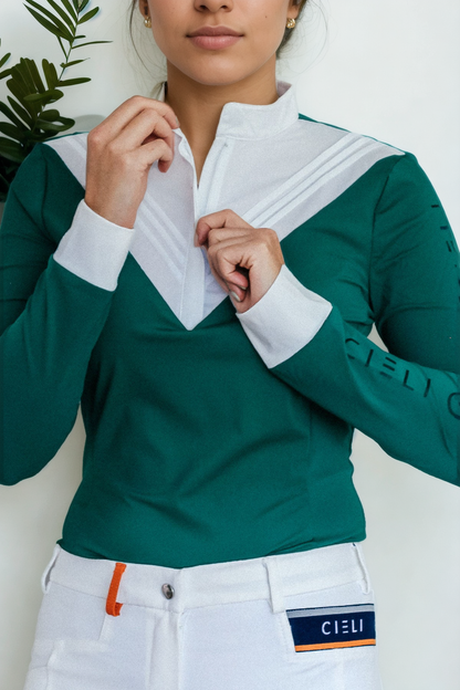 Ladies Cieli Equestrian riding long sleeve show shirt in green with white bib and magnetic closure.