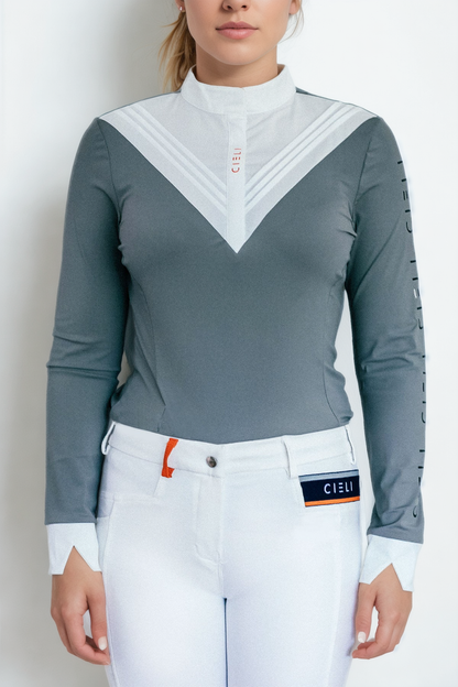 Ladies Cieli Equestrian riding long sleeve show shirt in grey with white bib and magnetic closure.