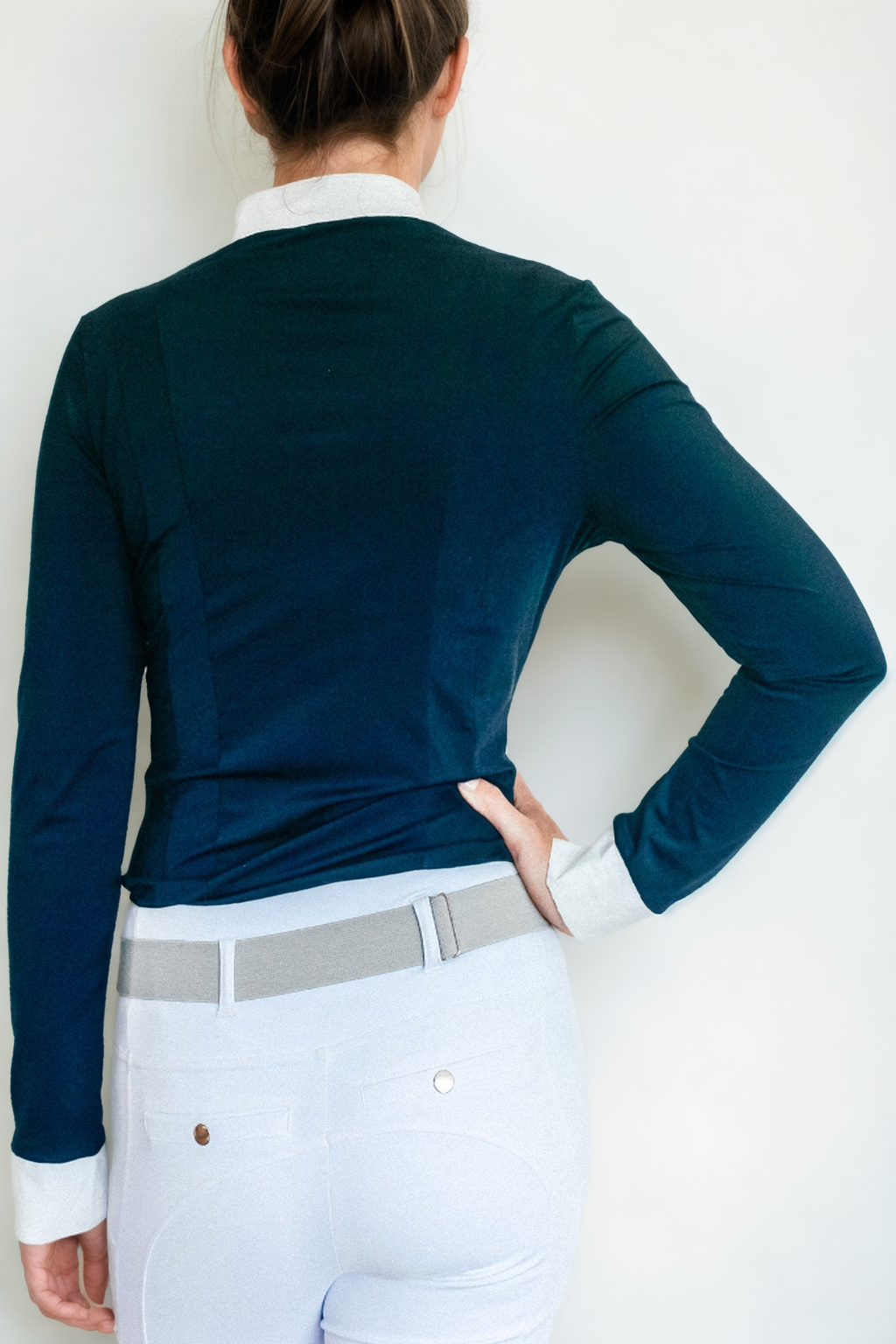 Ladies Cieli Equestrian riding long sleeve show shirt in navy with white bib and magnetic closure.