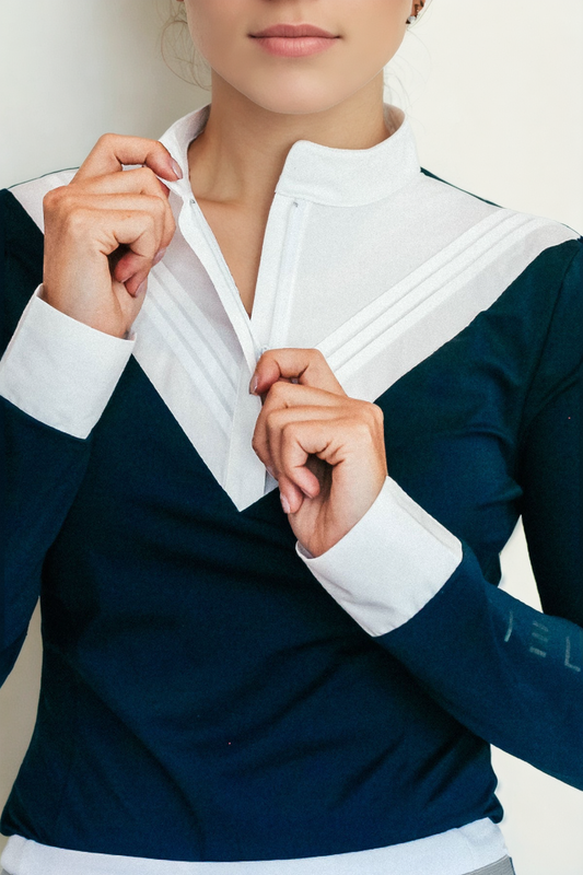 Ladies Cieli Equestrian riding long sleeve show shirt in navy with white bib and magnetic closure.