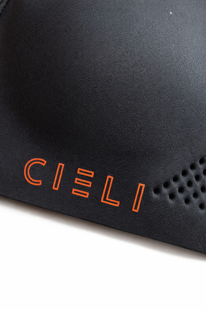 Black sports bra with 'CIELI' branding on a white background