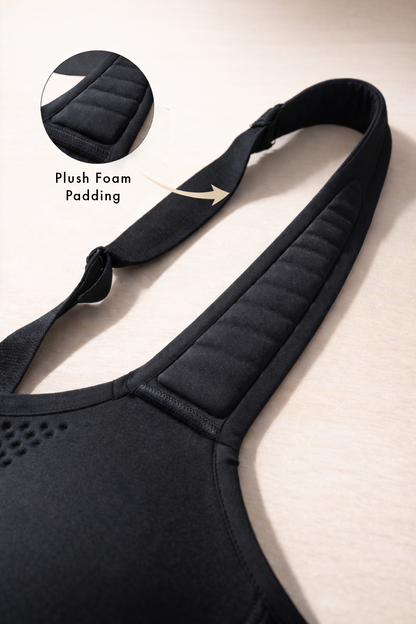 Black bra with plush foam padding on a beige background