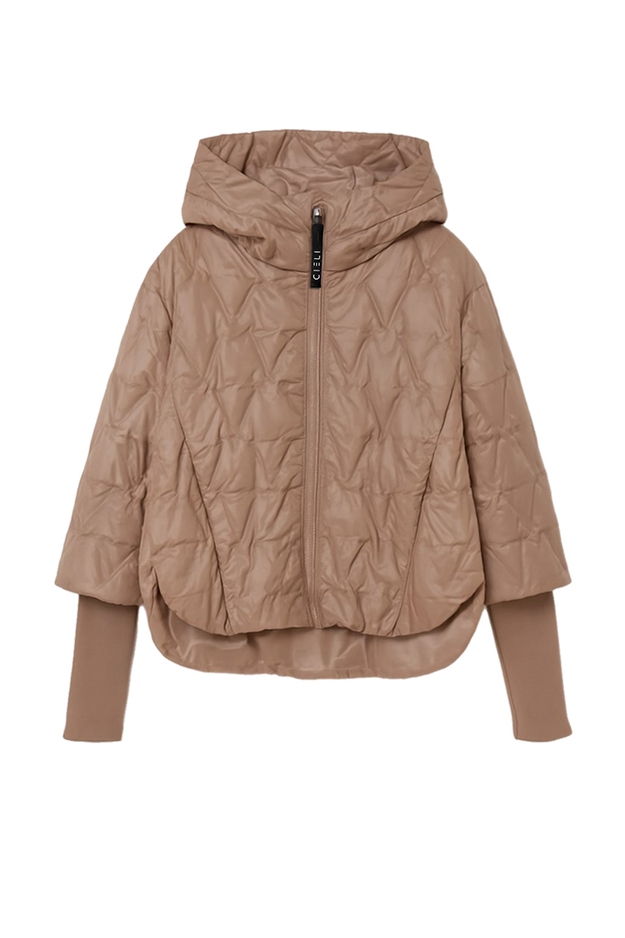 Brown quilted jacket with a hood on a white background