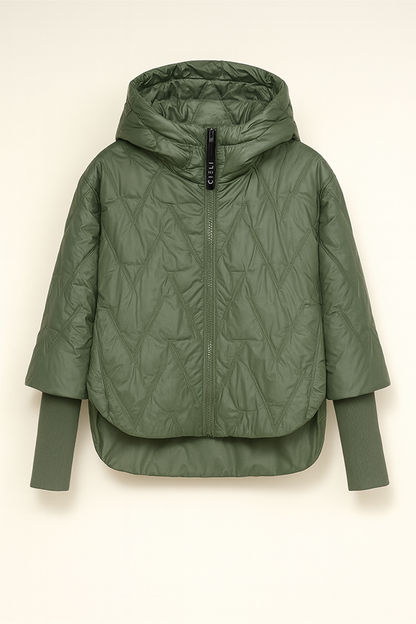 Green quilted jacket with a hood on a white background
