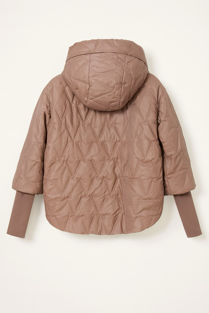 Quilted brown jacket with a hood on a white background