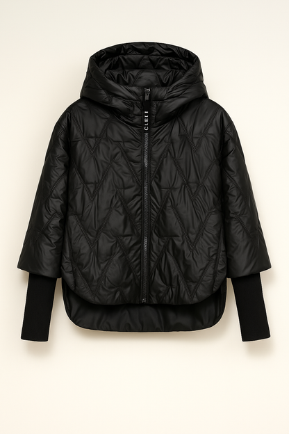 Black quilted jacket on a light beige background