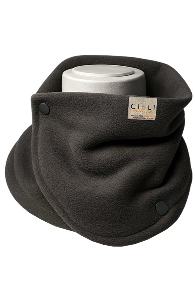 Dark gray neck warmer with brand label on a white background