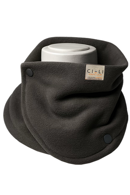 Dark gray neck warmer with brand label on a white background