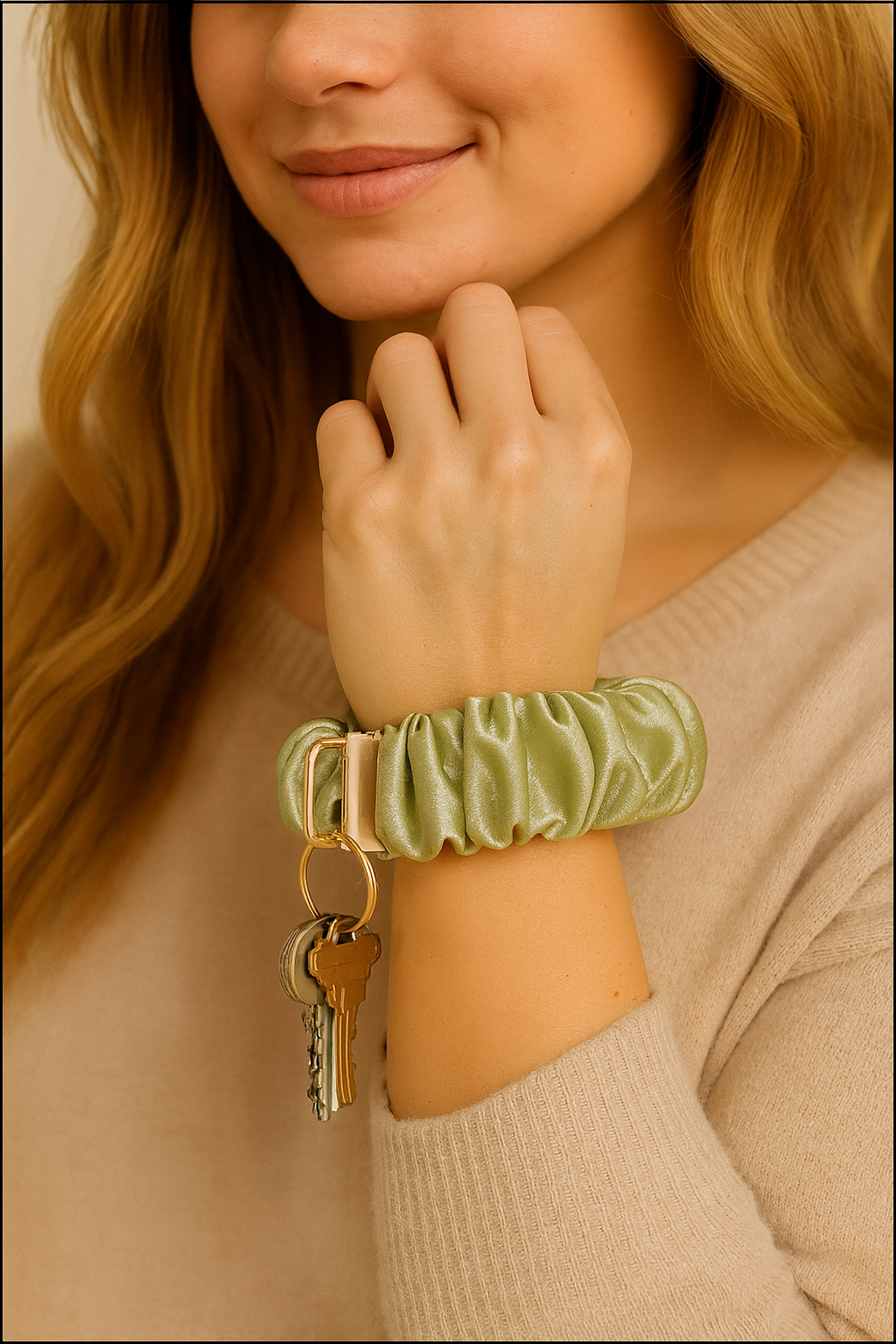 Woman wearing a green scrunchie with keys on a beige background