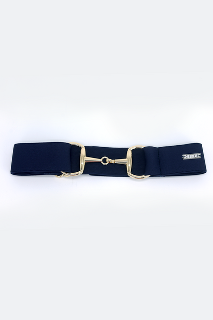 lady wearing a Cieli Equestrian elastic snaffle bit belt in navy with a gold buckle that is one size fits all