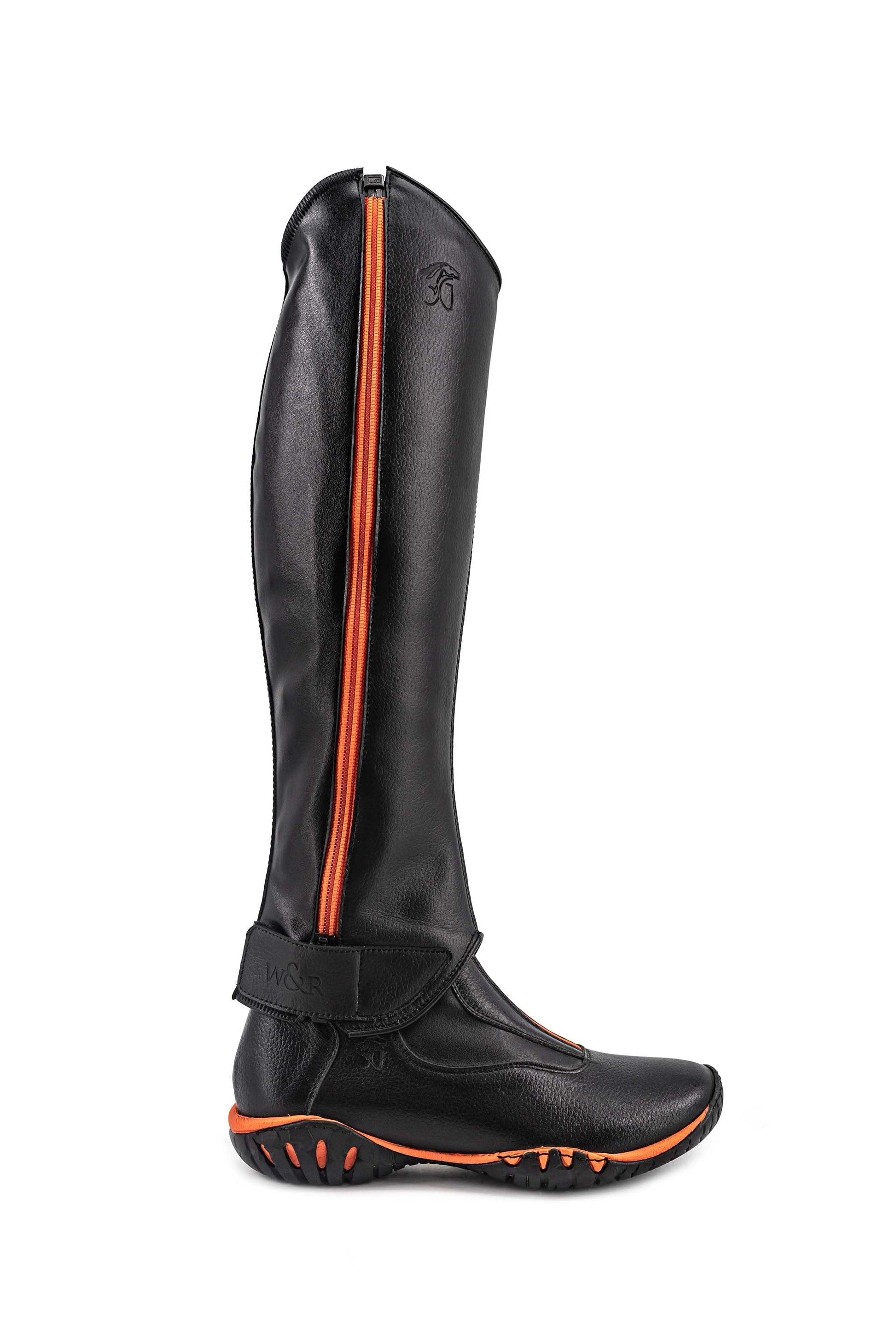 Sergio Grasso Dynamik Walk and Ride black and orange leather horse riding boots with chaps ideal for comfortable long distance riding and African horse safaris.