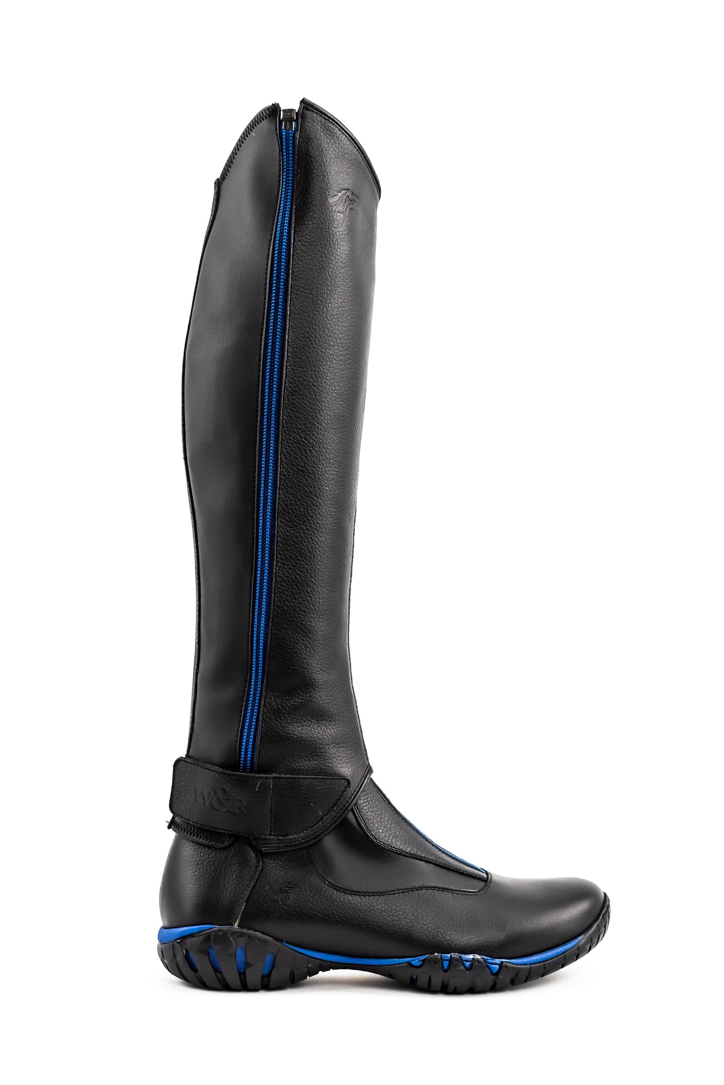 The Sergio Grass Flexy chap Walk and Ride line made of elastic, thin black and blue leather and has a zip on the outside ideal for African horse riding safaris