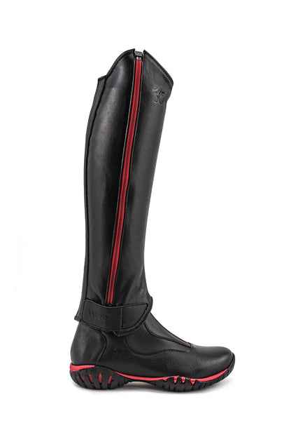 Sergio Grasso Dynamik Walk and Ride black and red leather horse riding boots with chaps ideal for comfortable long distance riding and African horse safaris.