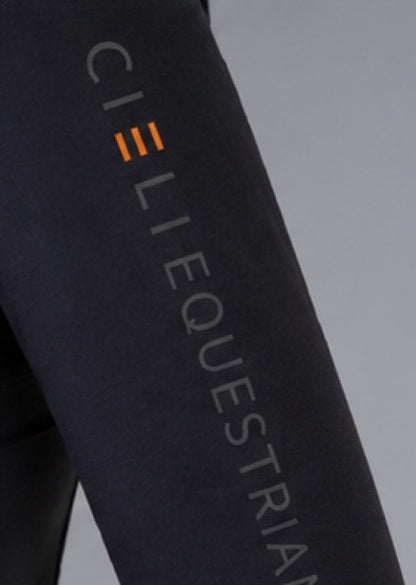 Close-up of a dark charcoal equestrian apparel sleeve featuring the vertical text 'CIELI EQUESTRIAN' in light gray with three orange bars as the 'C'.