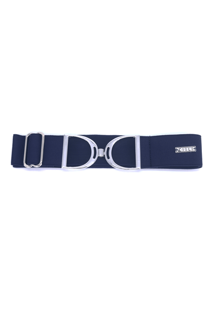 A blue elastic stirrup belt with a metallic clasp, featuring a silver finish.