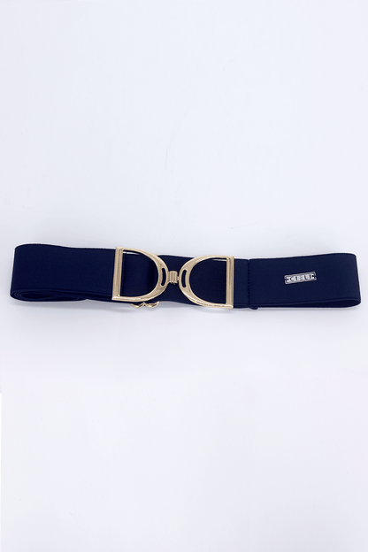 A blue elastic stirrup belt with a metallic clasp, featuring a gold finish.