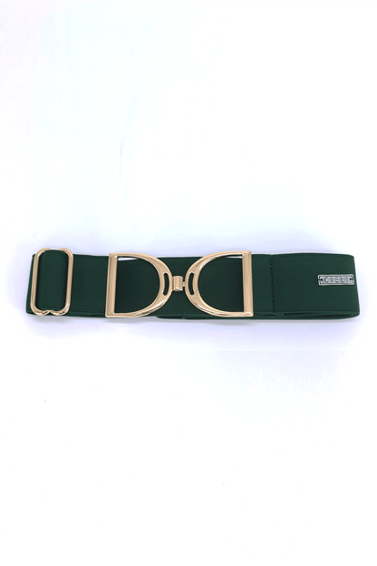 A green elastic stirrup belt with a metallic clasp, featuring a gold finish.