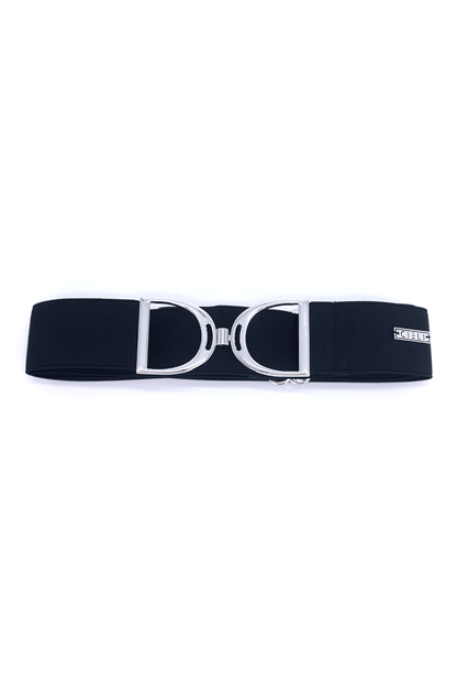A black elastic stirrup belt with a metallic clasp, featuring a silver finish.
