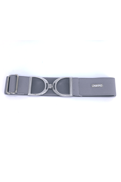 A grey elastic stirrup belt with a metallic clasp, featuring a silver finish.