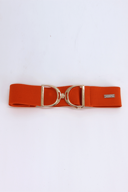 A orange elastic stirrup belt with a metallic clasp, featuring a gold finish.