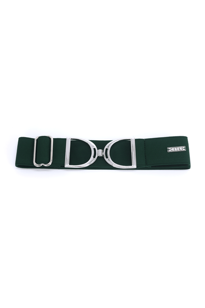 A green elastic stirrup belt with a metallic clasp, featuring a silver finish.