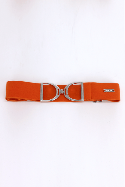A orange elastic stirrup belt with a metallic clasp, featuring a silver finish.